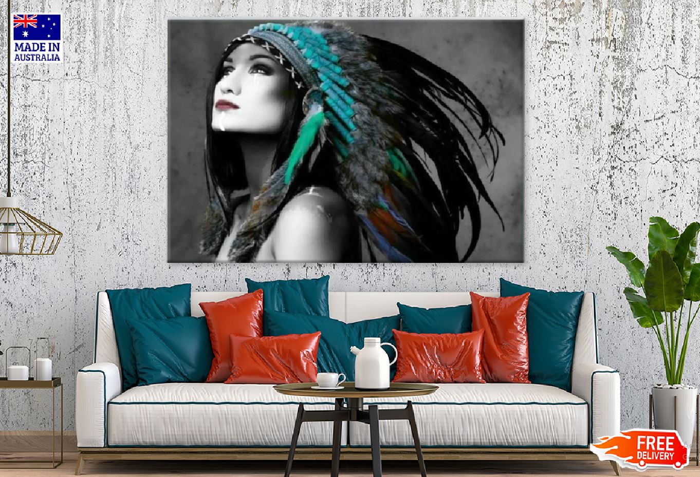 Girl with Blue Feather Headdress B&W View Print 100% Australian Made Stretched Canvas Ready to Hang - 1951