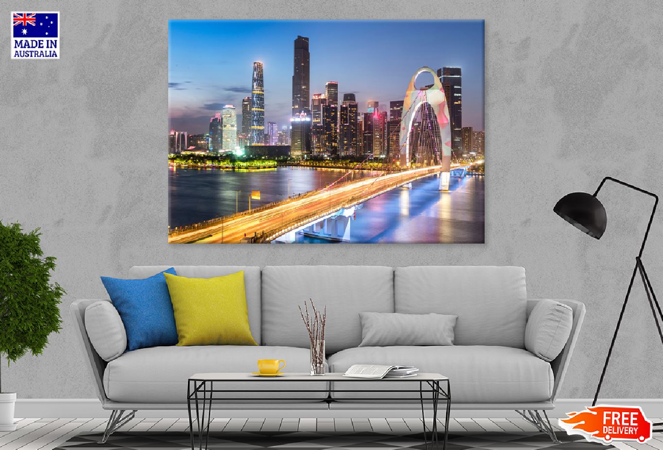 Guangzhou City Bridge Night View Print 100% Australian Made Stretched Canvas Ready to Hang - 1519