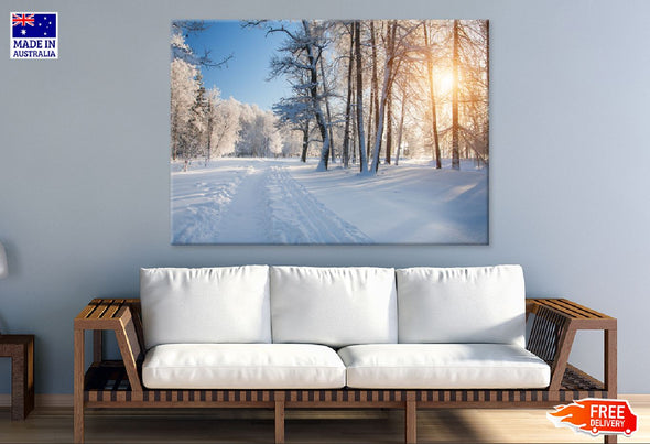 Snow Trees Pathway Sunset View Print 100% Australian Made Stretched Canvas Ready to Hang - 1748