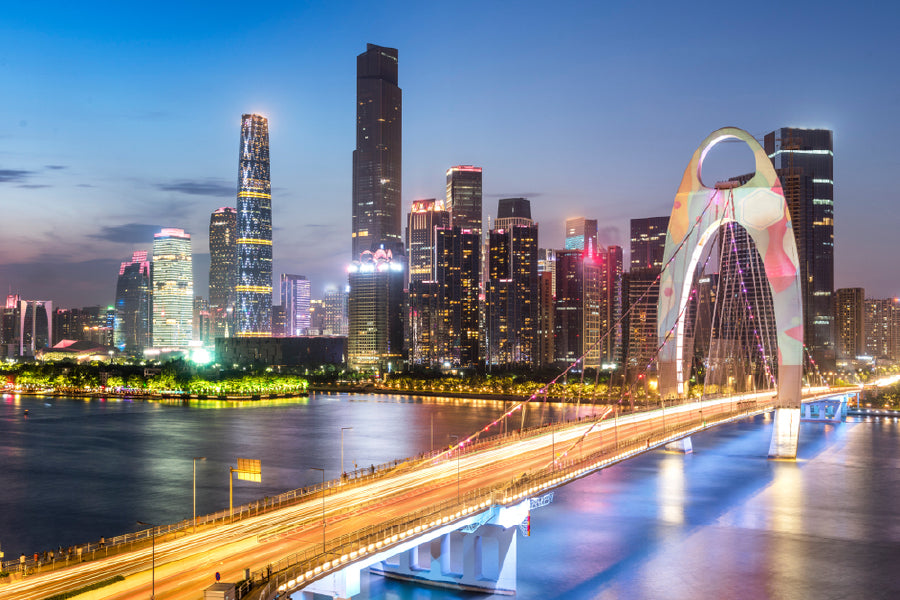 Guangzhou City Bridge Night View Print 100% Australian Made Stretched Canvas Ready to Hang - 1519