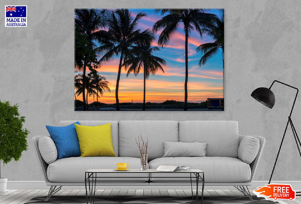 Miami Beach Palm Tree Sunset View Print 100% Australian Made Stretched Canvas Ready to Hang - 1418