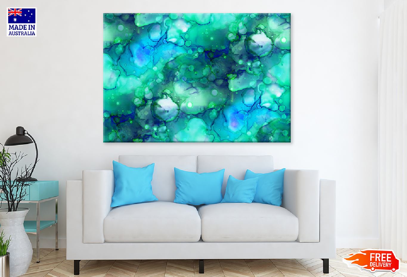 Green Bubbles & Blue Abstract Design Print 100% Australian Made Stretched Canvas Ready to Hang - 1171