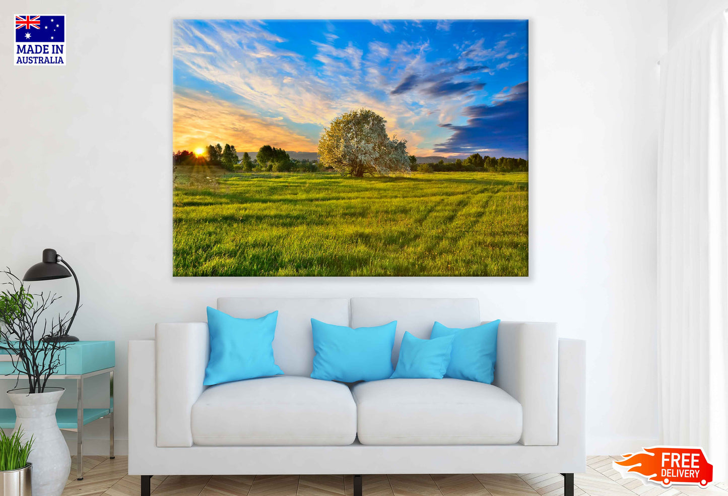 Apple Tree on Meadow at Sunset Print 100% Australian Made Stretched Canvas Ready to Hang - 1749