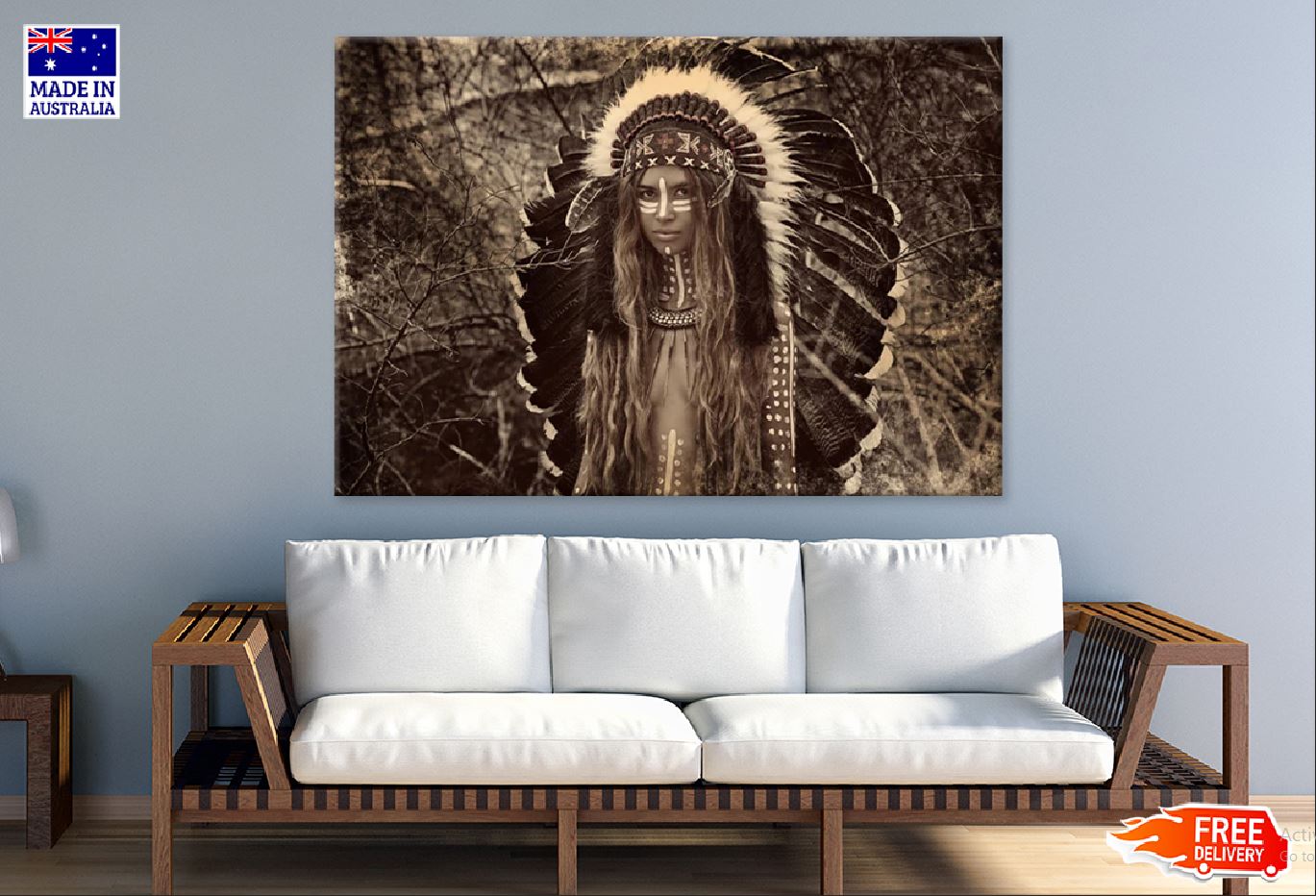 Young Indian Warrior With Feather Headdress Vintage Photograph Print 100% Australian Made Stretched Canvas Ready to Hang - 1952