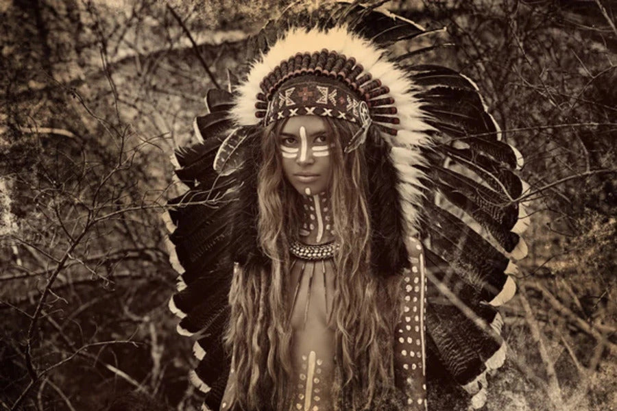 Young Indian Warrior With Feather Headdress Vintage Photograph Print 100% Australian Made Stretched Canvas Ready to Hang - 1952