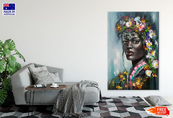 Black Women Floral Headdress Watercolor Painting Print 100% Australian Made Stretched Canvas Ready to Hang - 1962