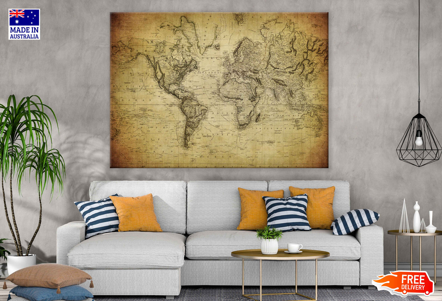 Vintage World Map Print 100% Australian Made Stretched Canvas Ready to Hang - 2288