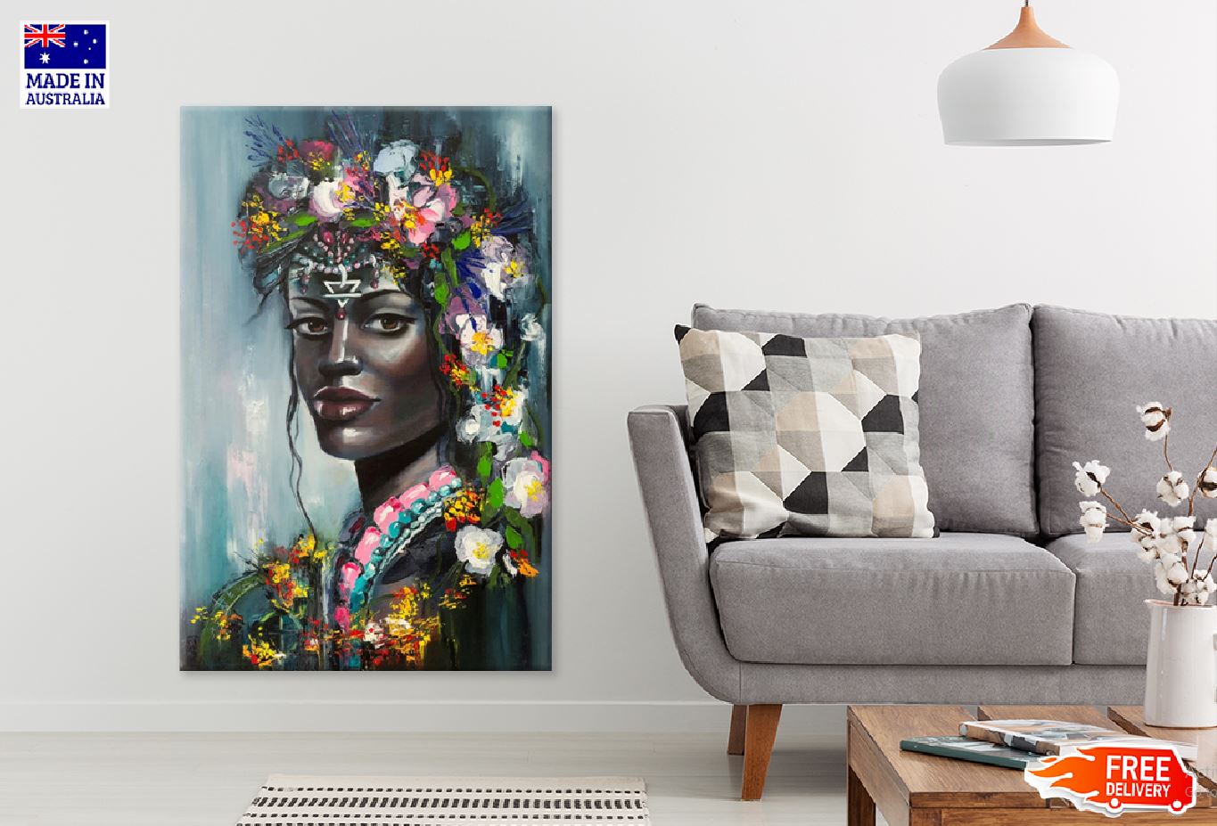 Black Women Floral Headdress Watercolor Painting Print 100% Australian Made Stretched Canvas Ready to Hang - 1962