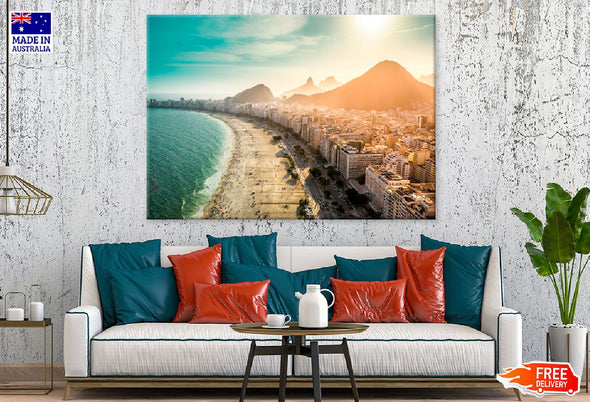 Sea & City with Mountain Sunset Print 100% Australian Made Stretched Canvas Ready to Hang - 1356