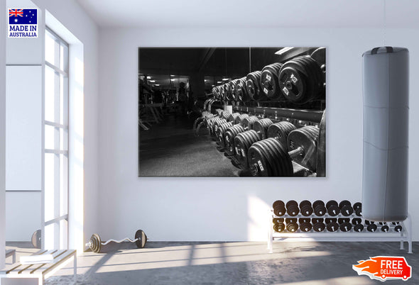 Row of Weights in Gym B&W Photograph Print 100% Australian Made Stretched Canvas Ready to Hang - 2247