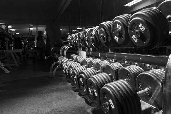 Row of Weights in Gym B&W Photograph Print 100% Australian Made Stretched Canvas Ready to Hang - 2247