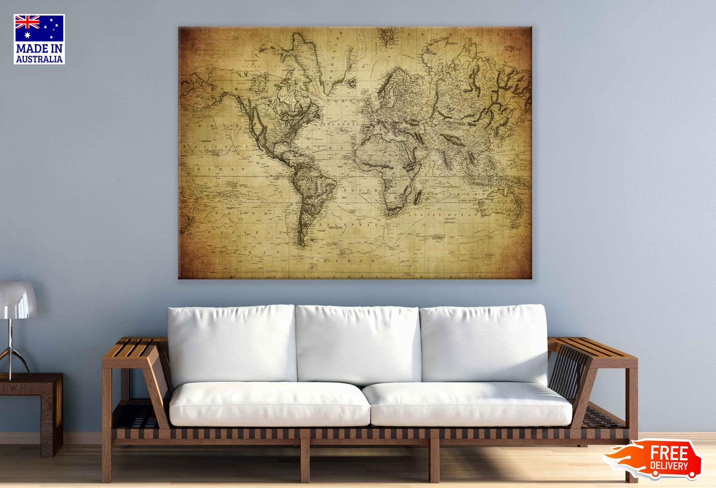 Vintage World Map Print 100% Australian Made Stretched Canvas Ready to Hang - 2288