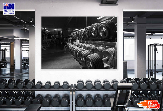 Row of Weights in Gym B&W Photograph Print 100% Australian Made Stretched Canvas Ready to Hang - 2247