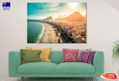 Sea & City with Mountain Sunset Print 100% Australian Made Stretched Canvas Ready to Hang - 1356