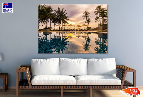 Palm Trees on Resort Sunset View Print 100% Australian Made Stretched Canvas Ready to Hang - 1686