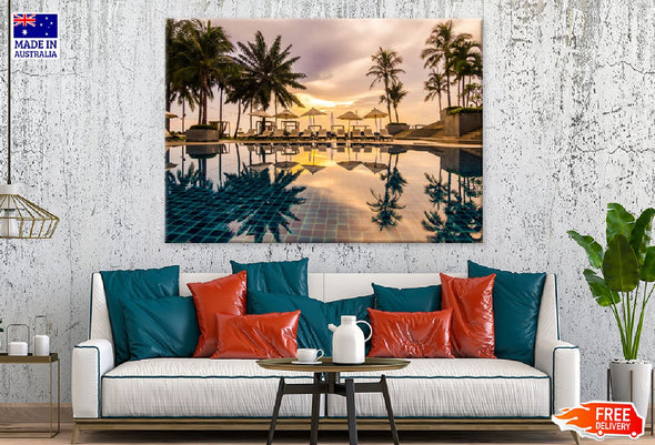 Palm Trees on Resort Sunset View Print 100% Australian Made Stretched Canvas Ready to Hang - 1686