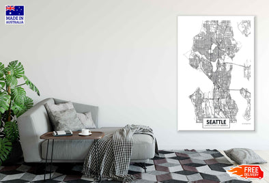 Seattle City in USA Detailed Map Print 100% Australian Made Stretched Canvas Ready to Hang - 2352