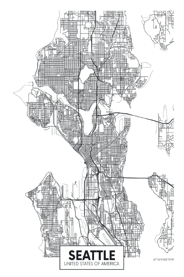 Seattle City in USA Detailed Map Print 100% Australian Made Stretched Canvas Ready to Hang - 2352