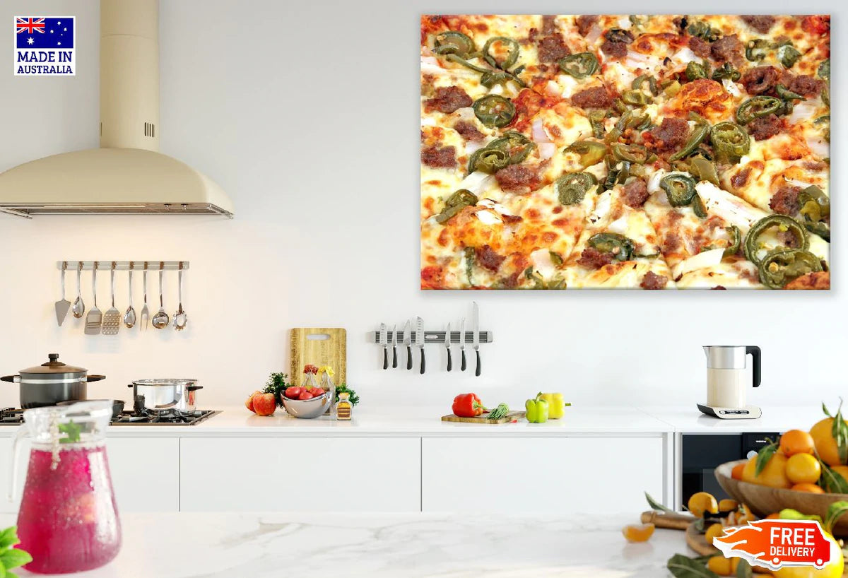 Jalapeno and Beef Pizza Closeup Photograph Print 100% Australian Made Stretched Canvas Ready to Hang - 2053