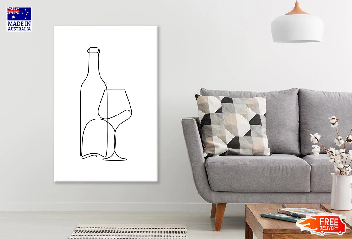 Wine Bottle & Glass Line Art Print 100% Australian Made Stretched Canvas Ready to Hang - 1852