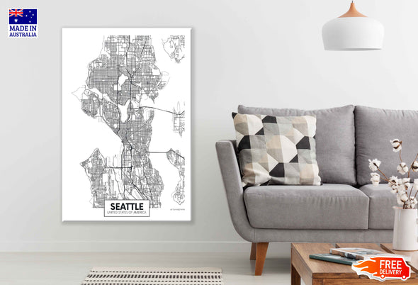 Seattle City in USA Detailed Map Print 100% Australian Made Stretched Canvas Ready to Hang - 2352