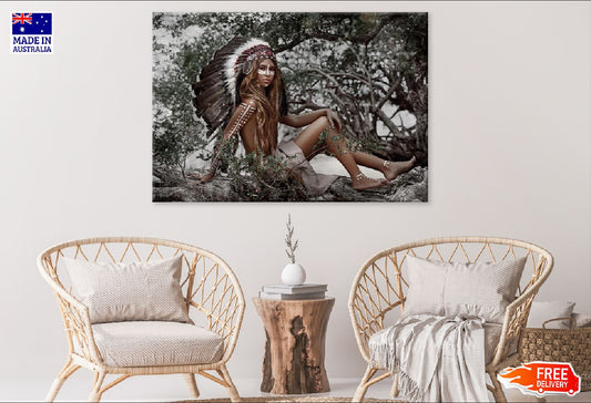 Warrior Girl With Feather Headdress Sitting on Tree Print 100% Australian Made Stretched Canvas Ready to Hang - 1953