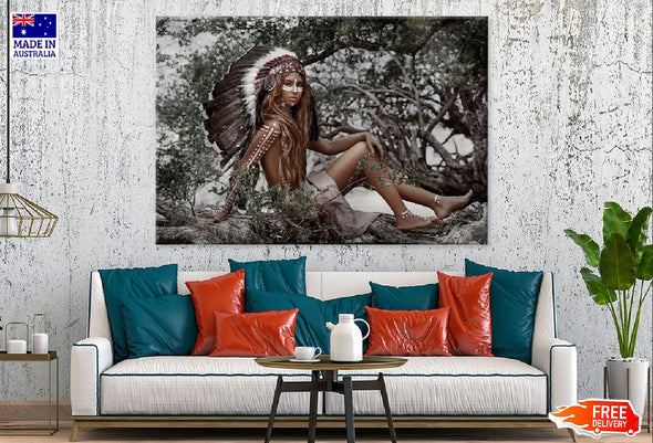 Warrior Girl With Feather Headdress Sitting on Tree Print 100% Australian Made Stretched Canvas Ready to Hang - 1953