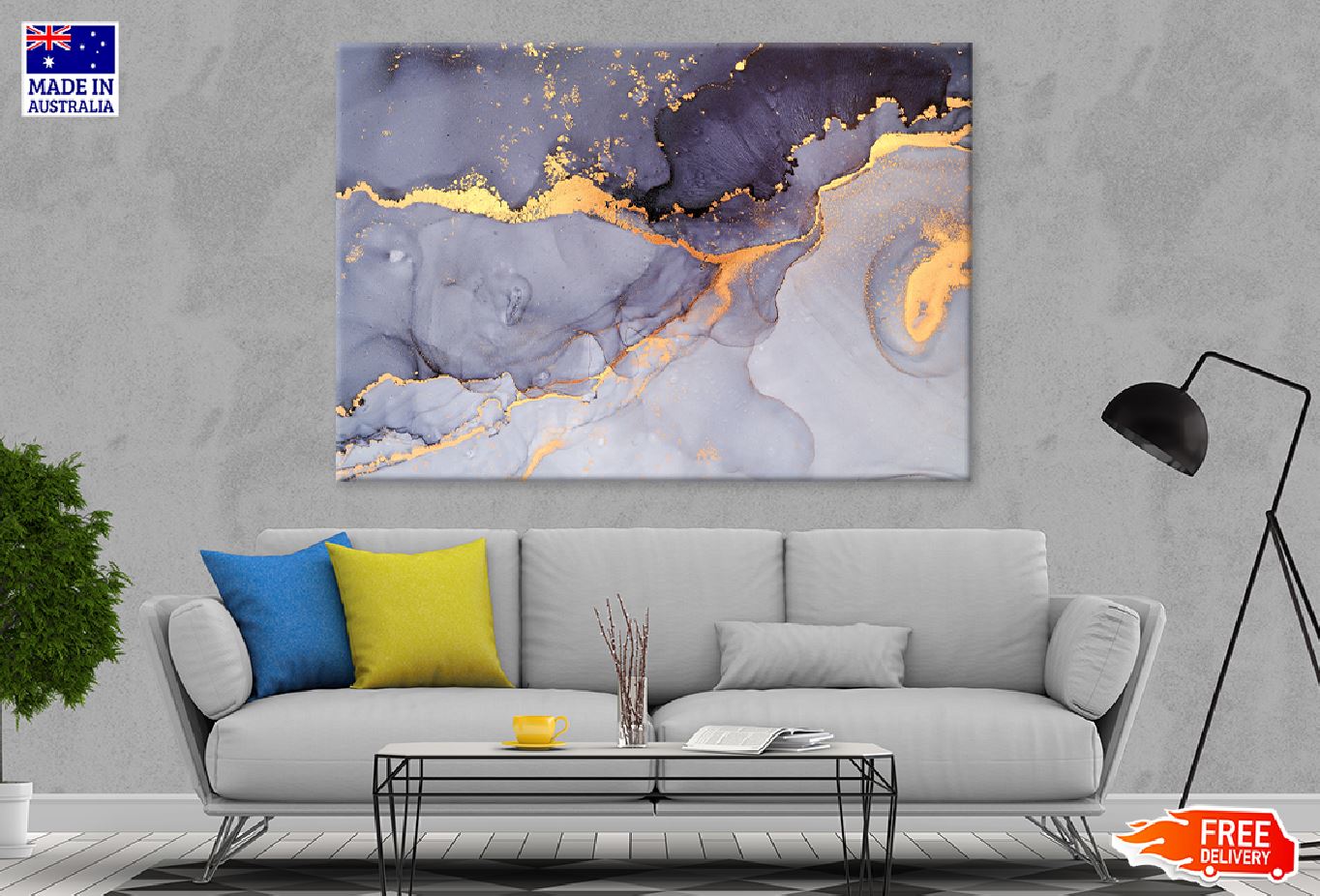 Grey & Gold Fluid Abstract Art Design Print 100% Australian Made Stretched Canvas Ready to Hang - 1172