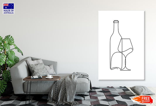 Wine Bottle & Glass Line Art Print 100% Australian Made Stretched Canvas Ready to Hang - 1852