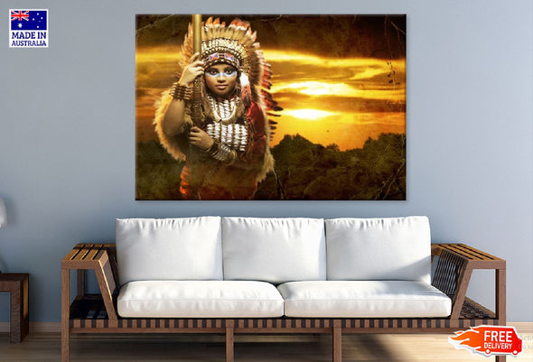 Woman with Feather Headdress Sunset Photograph Print 100% Australian Made Stretched Canvas Ready to Hang - 1954