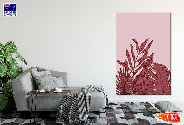 Maroon Leaves & Pink Background Line Art Print 100% Australian Made Stretched Canvas Ready to Hang - 1853