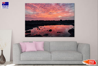 Rocks near Lake Pink Sunset View Print 100% Australian Made Stretched Canvas Ready to Hang - 1073