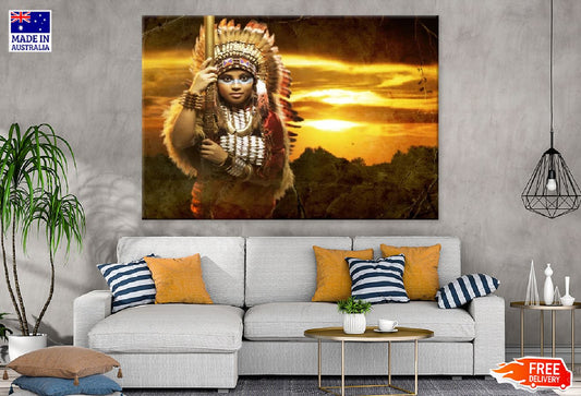 Woman with Feather Headdress Sunset Photograph Print 100% Australian Made Stretched Canvas Ready to Hang - 1954