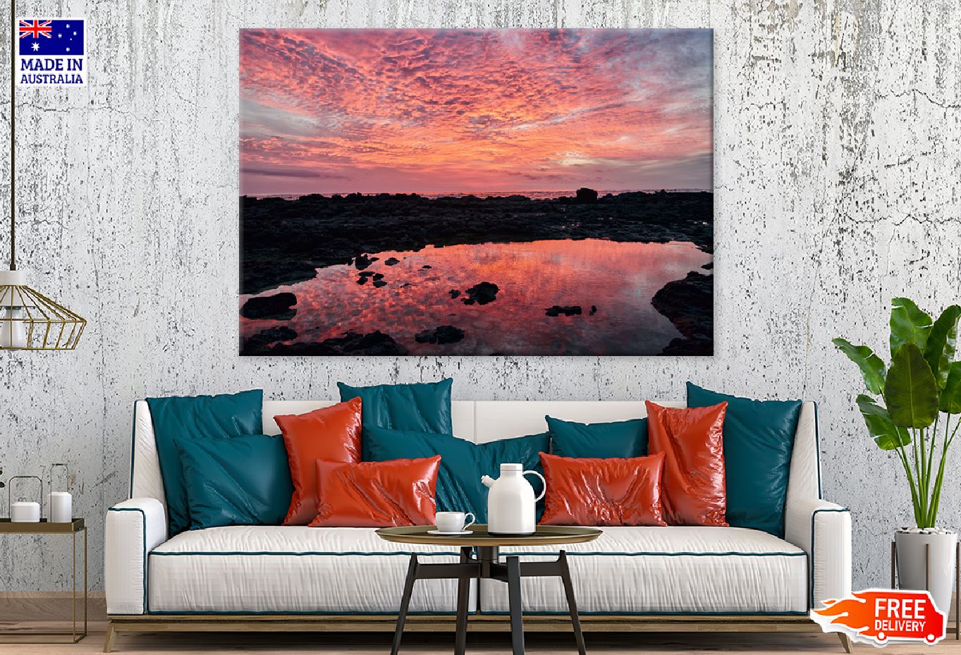 Rocks near Lake Pink Sunset View Print 100% Australian Made Stretched Canvas Ready to Hang - 1073