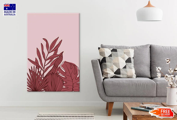 Maroon Leaves & Pink Background Line Art Print 100% Australian Made Stretched Canvas Ready to Hang - 1853