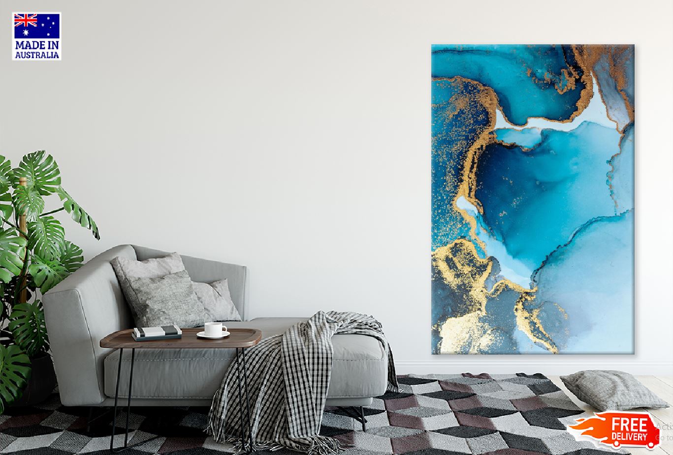 Blue & Gold Splash Abstract Art Design Print 100% Australian Made Stretched Canvas Ready to Hang - 1173