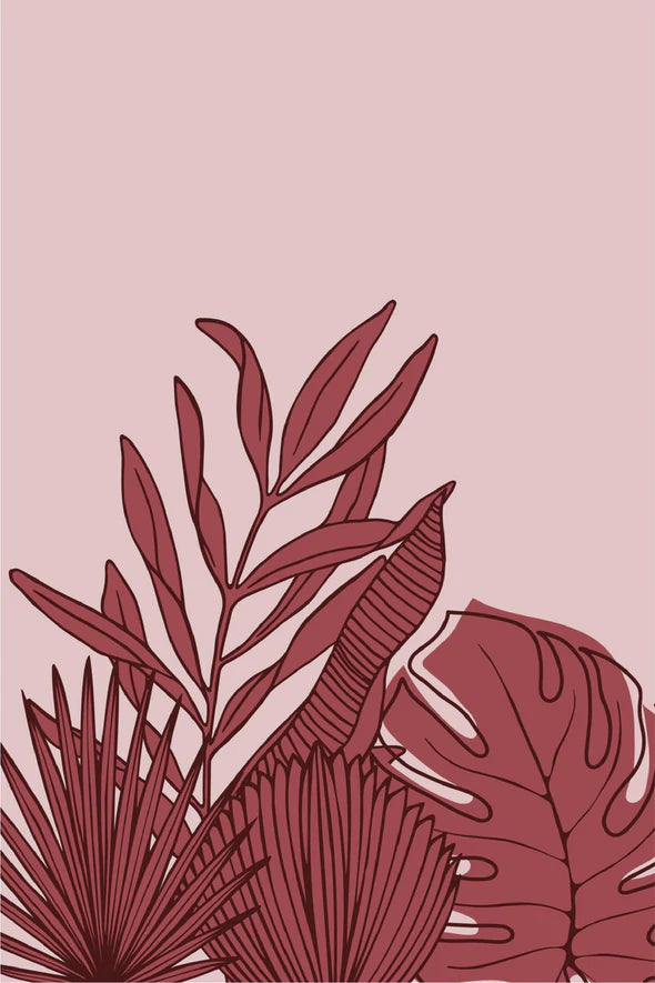 Maroon Leaves & Pink Background Line Art Print 100% Australian Made Stretched Canvas Ready to Hang - 1853