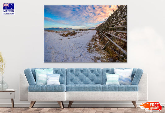 Wooden Fence on Snow Field View Print 100% Australian Made Stretched Canvas Ready to Hang - 1074