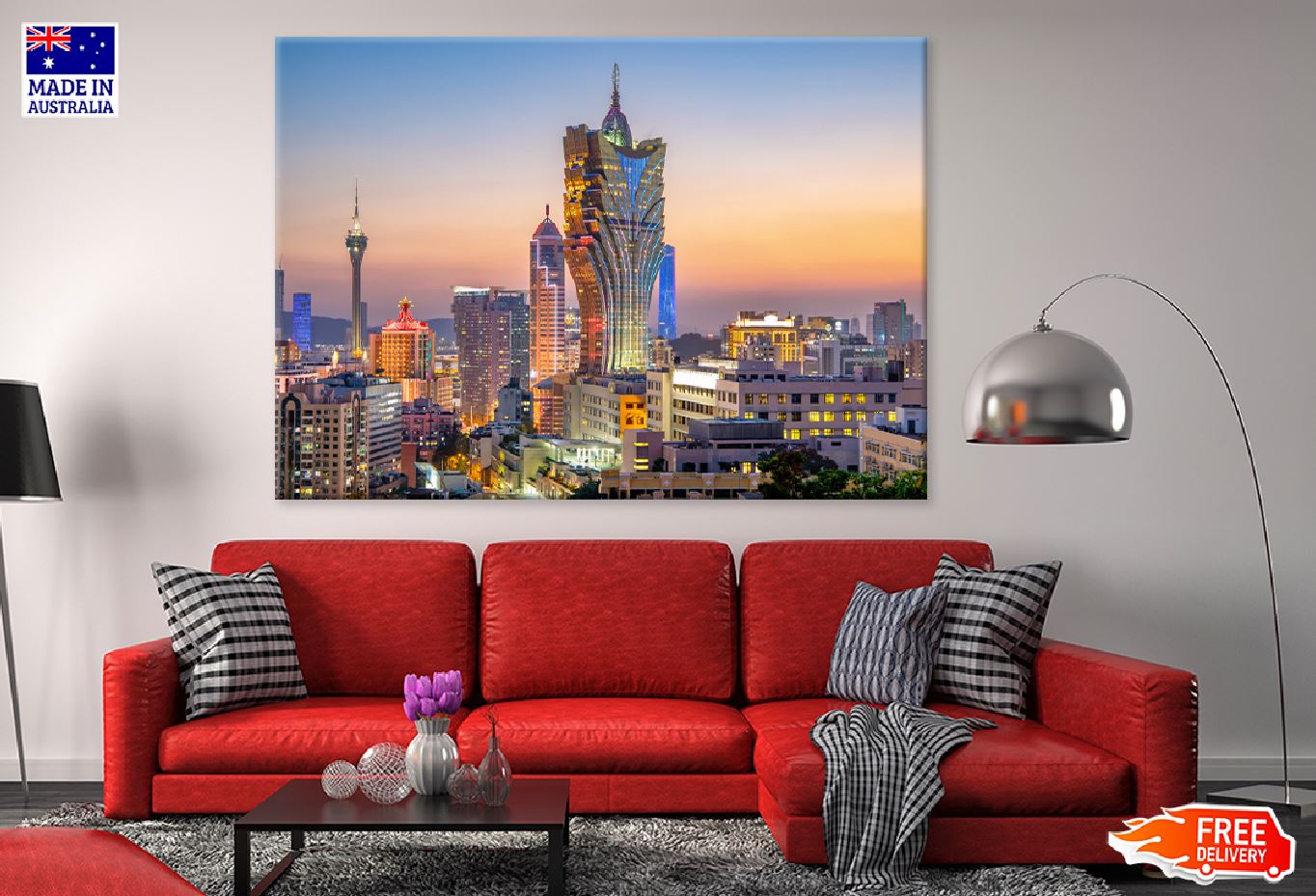 Macau City Skyline at Night View Print 100% Australian Made Stretched Canvas Ready to Hang - 1523