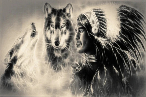 Wolf & Indian Warrior Abstract B&W Design Print 100% Australian Made Stretched Canvas Ready to Hang - 1955