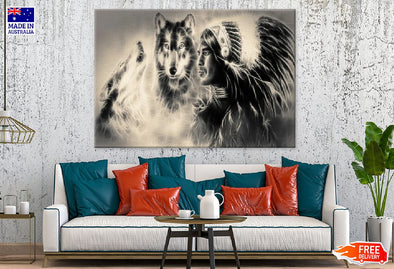 Wolf & Indian Warrior Abstract B&W Design Print 100% Australian Made Stretched Canvas Ready to Hang - 1955