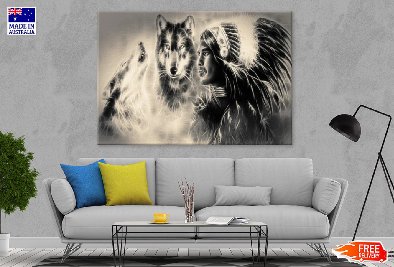 Wolf & Indian Warrior Abstract B&W Design Print 100% Australian Made Stretched Canvas Ready to Hang - 1955