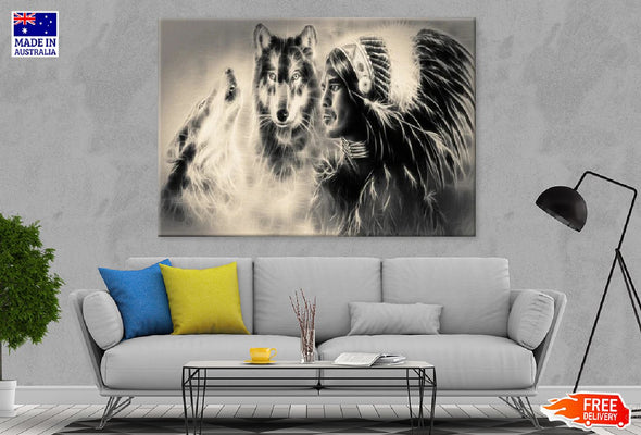 Wolf & Indian Warrior Abstract B&W Design Print 100% Australian Made Stretched Canvas Ready to Hang - 1955