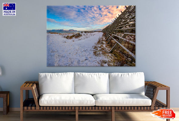 Wooden Fence on Snow Field View Print 100% Australian Made Stretched Canvas Ready to Hang - 1074