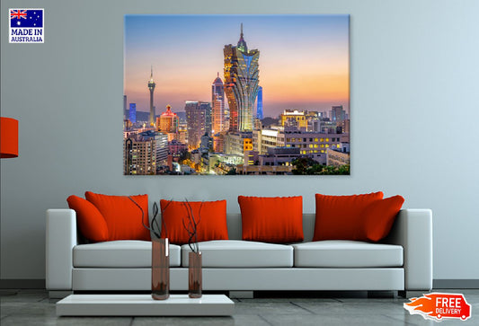 Macau City Skyline at Night View Print 100% Australian Made Stretched Canvas Ready to Hang - 1523