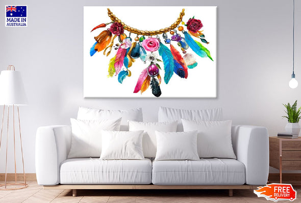 Floral Necklace with Feathers Watercolor Painting Print 100% Australian Made Stretched Canvas Ready to Hang - 1956