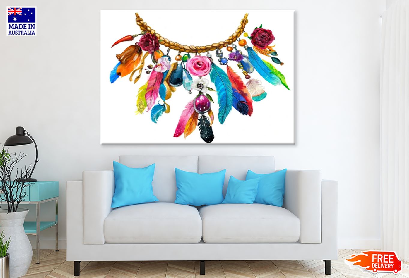 Floral Necklace with Feathers Watercolor Painting Print 100% Australian Made Stretched Canvas Ready to Hang - 1956