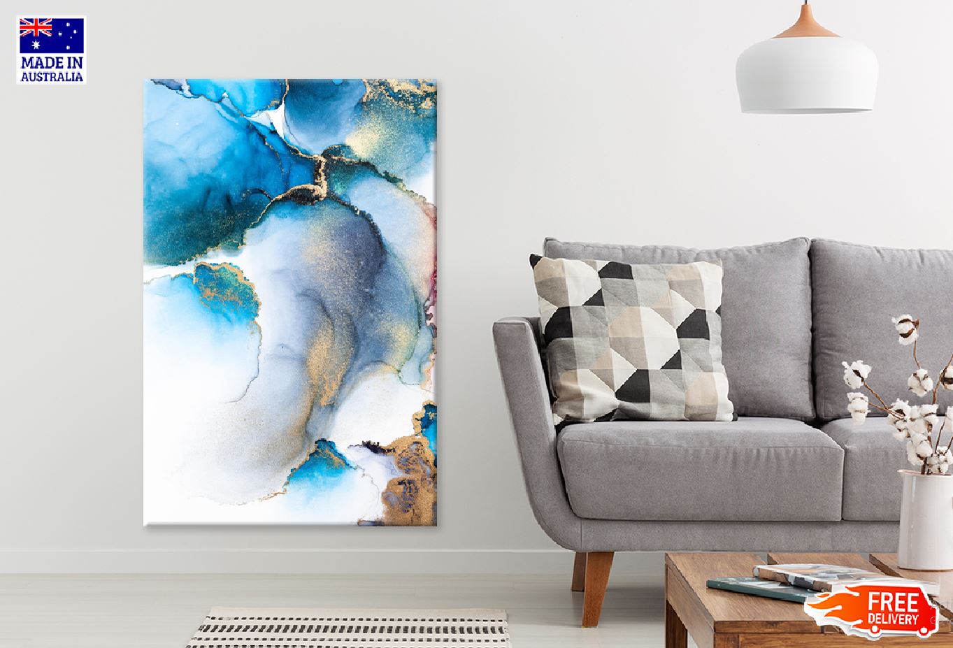 Blue & Gold Splash Fluid Abstract Design Print 100% Australian Made Stretched Canvas Ready to Hang - 1176