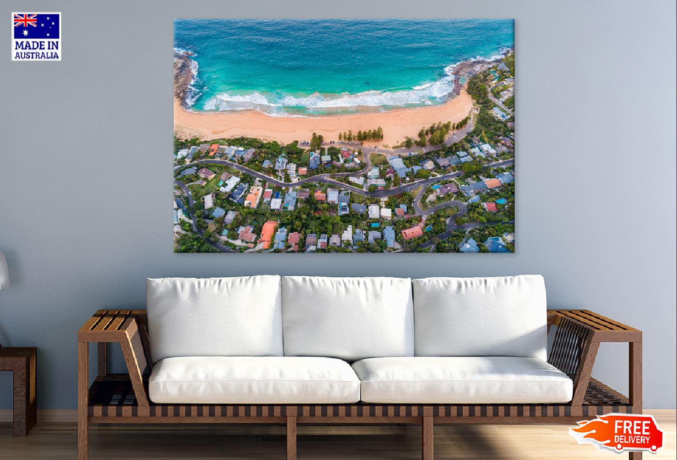 Resort Town & Sea Aerial View Print 100% Australian Made Stretched Canvas Ready to Hang - 1424