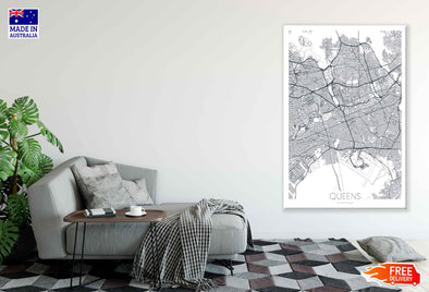 Queens New York City, Detailed Map Print 100% Australian Made Stretched Canvas Ready to Hang - 2357